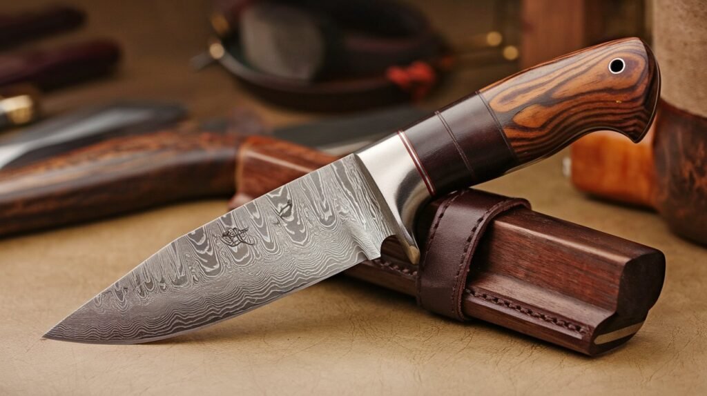 Delving into the history and distinctive beauty of Damascus steel with a knife featuring detailed blade designs displayed on a wooden stand.